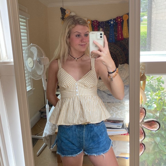 Yellow Pin stripped peplum tank - Picture 2 of 3